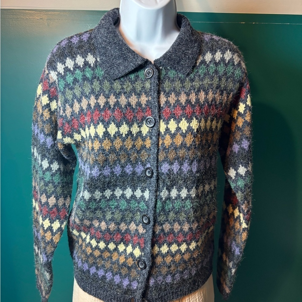 Dressbarn Multi Color Textured Cardigan With Collar Retro Geometric